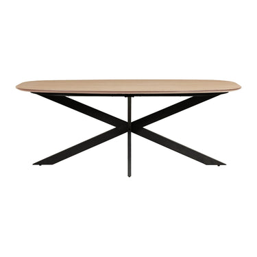 Sadina 200cm oval dining table in oak effect, straight-on side view showing slim top and black starburst legs