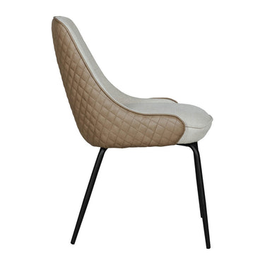 Sadina dining chair side profile showing curved quilted back, biscuit fabric seat and slim black legs