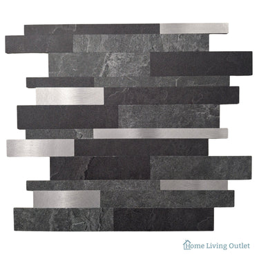 Self Adhesive 3D Mosaic Wall Tiles - Slate - 30cm x 30cm (10 Pack) – Black mixed with Grey