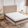 Sleep+ Premium 25cm cool gel memory foam mattress on a beige fabric bed frame in a bright bedroom
