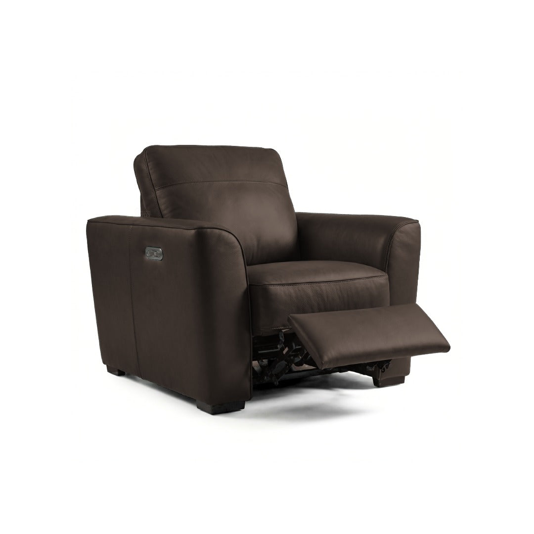 Winnington Arm Chair Leather Power Recliner in Oslo Black Coffee leather on dark wooden feet, on white background