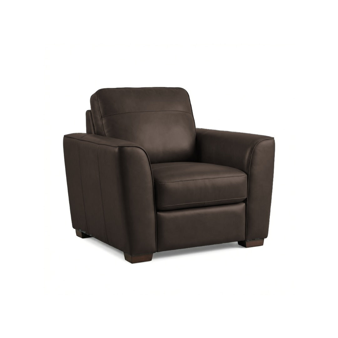 Winnington Arm Chair Leather Sofa in Oslo Black Coffee leather on dark wooden feet, on white background